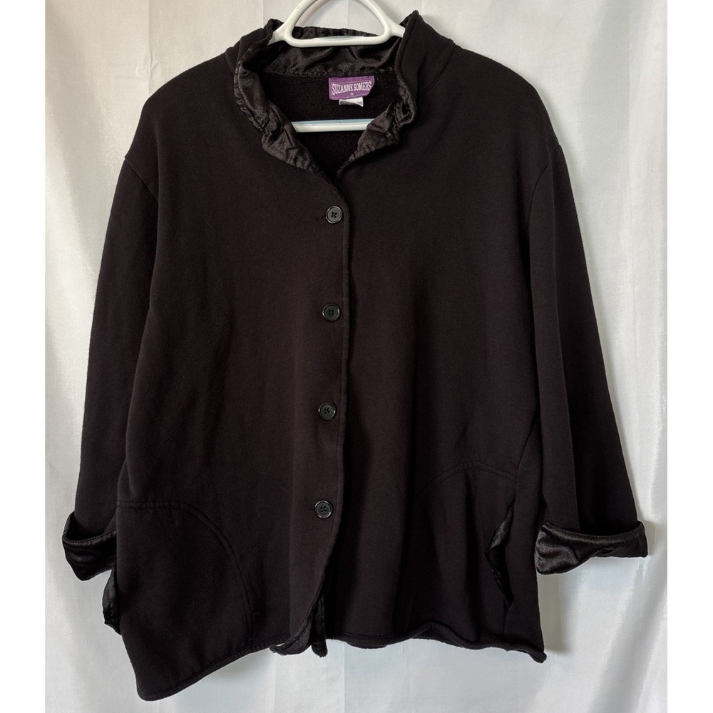 Suzanne‎ Somers Black Jacket Blazer Blouse Ruffle Satin Accent Pockets Button M